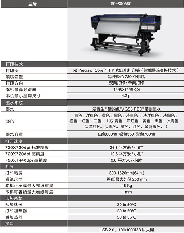 微喷写真机Epson-SureColor-S80680产品参数